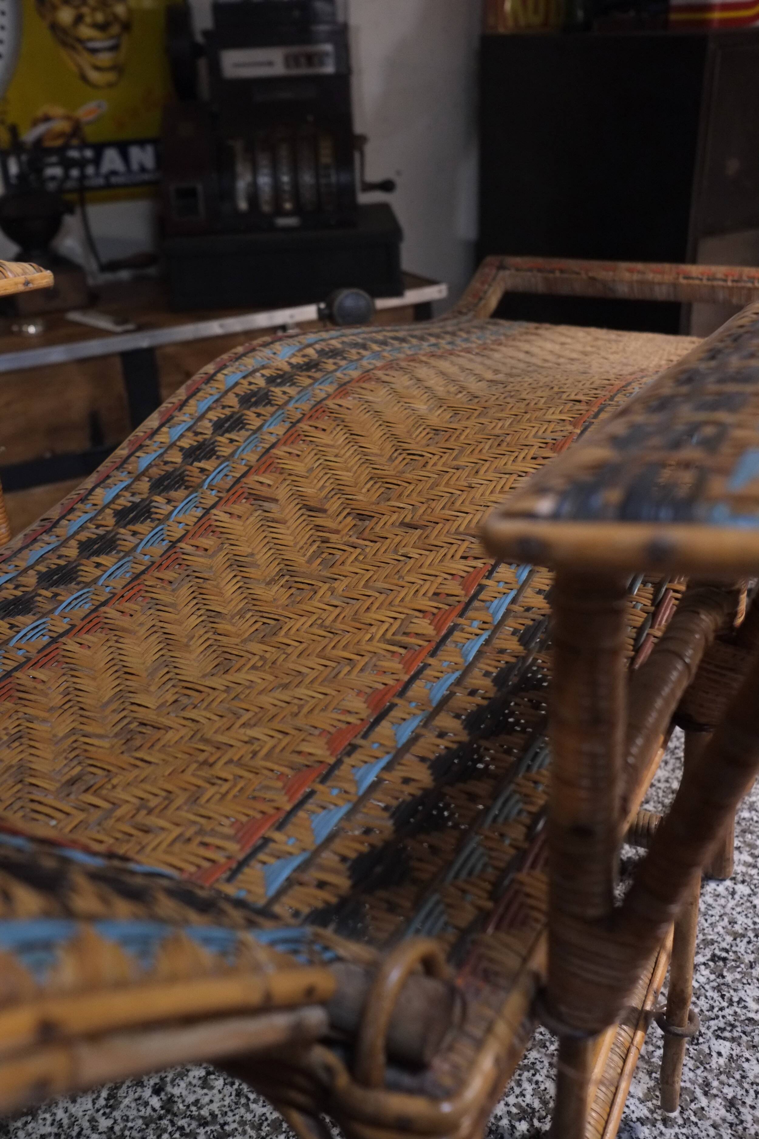 Antique 1930s rattan chaise longue