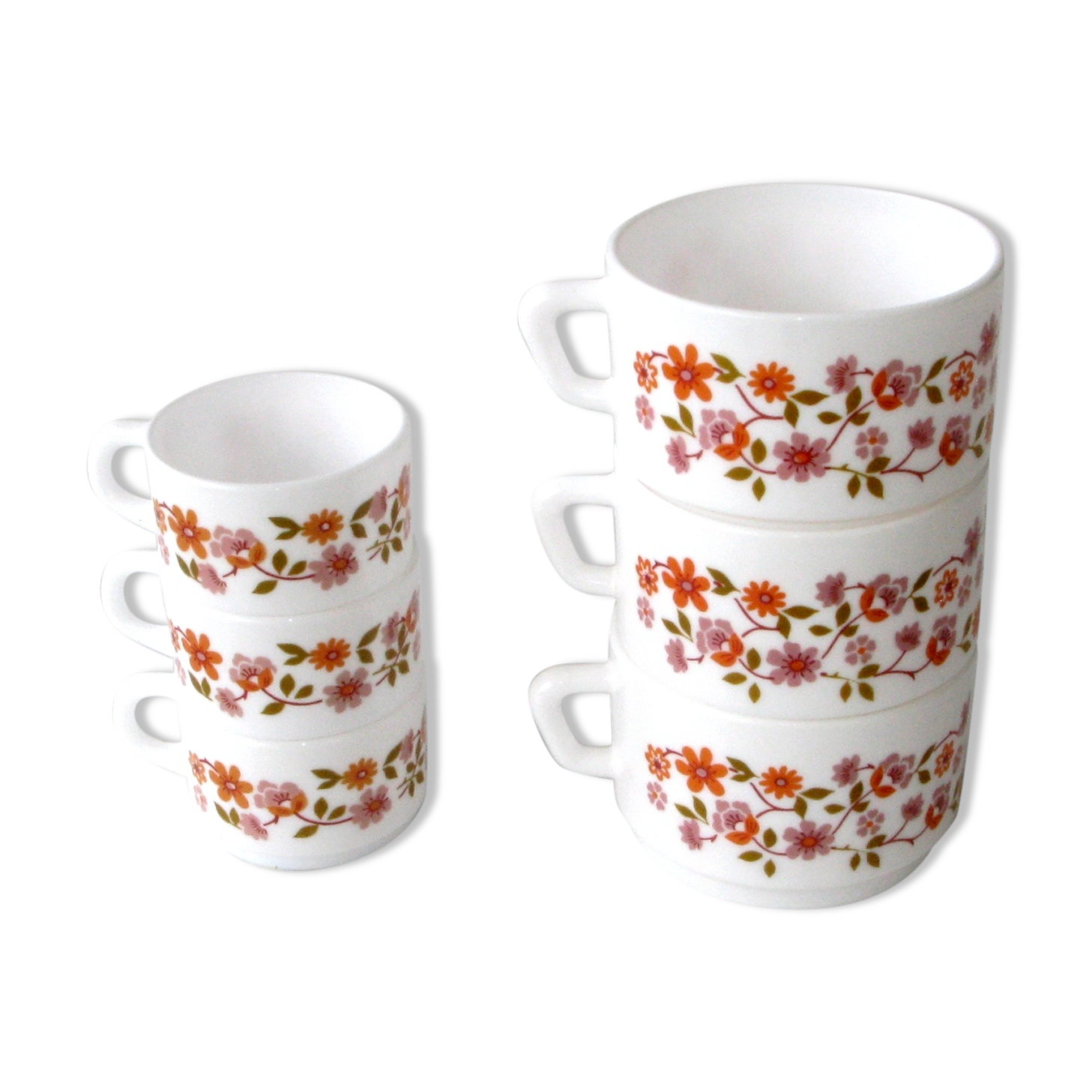 3 coffee cups and 3 lunch cups arcopal - vintage orange flower model