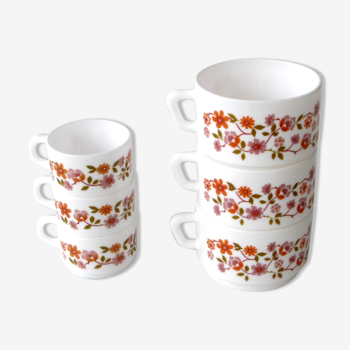 3 coffee cups and 3 lunch cups arcopal - vintage orange flower model