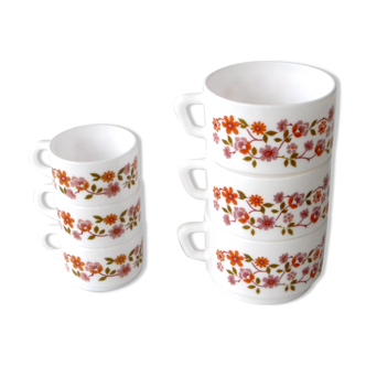 3 coffee cups and 3 lunch cups arcopal - vintage orange flower model