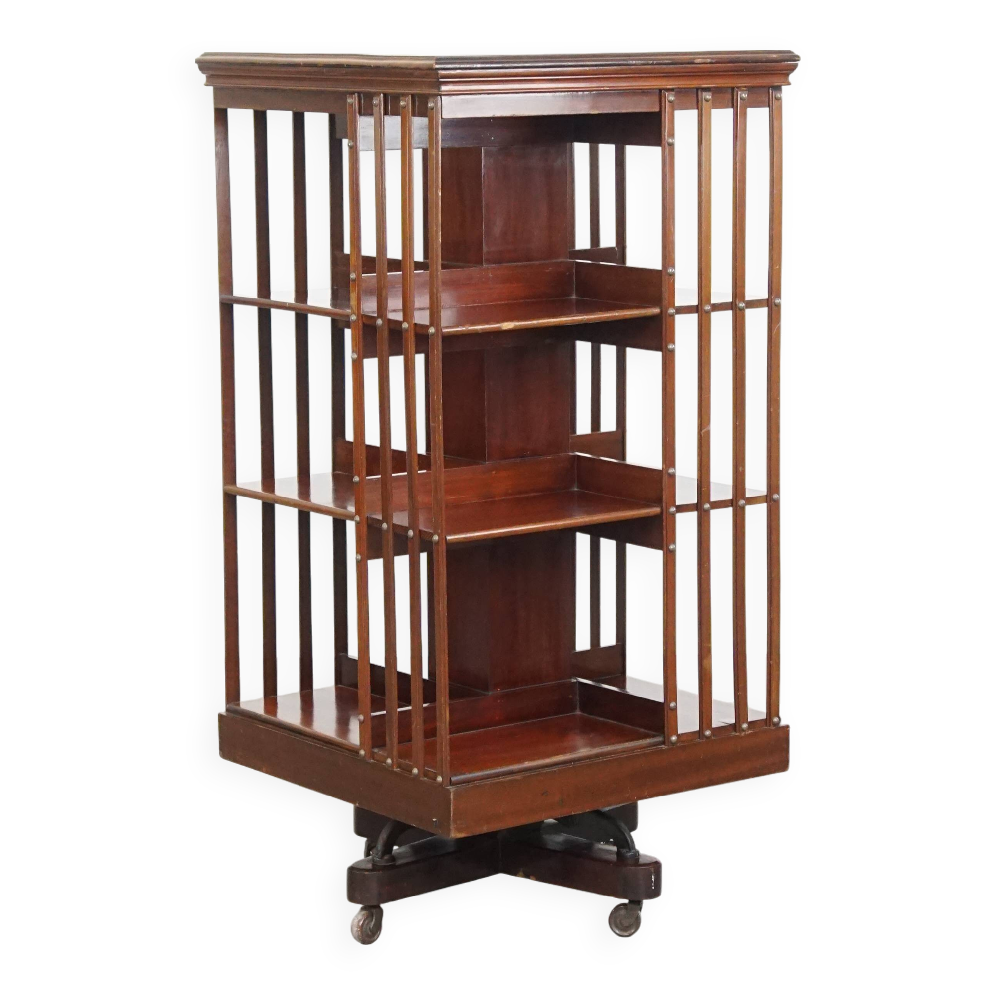 Large Antique Wooden English Book Carousel with Cast Iron Base