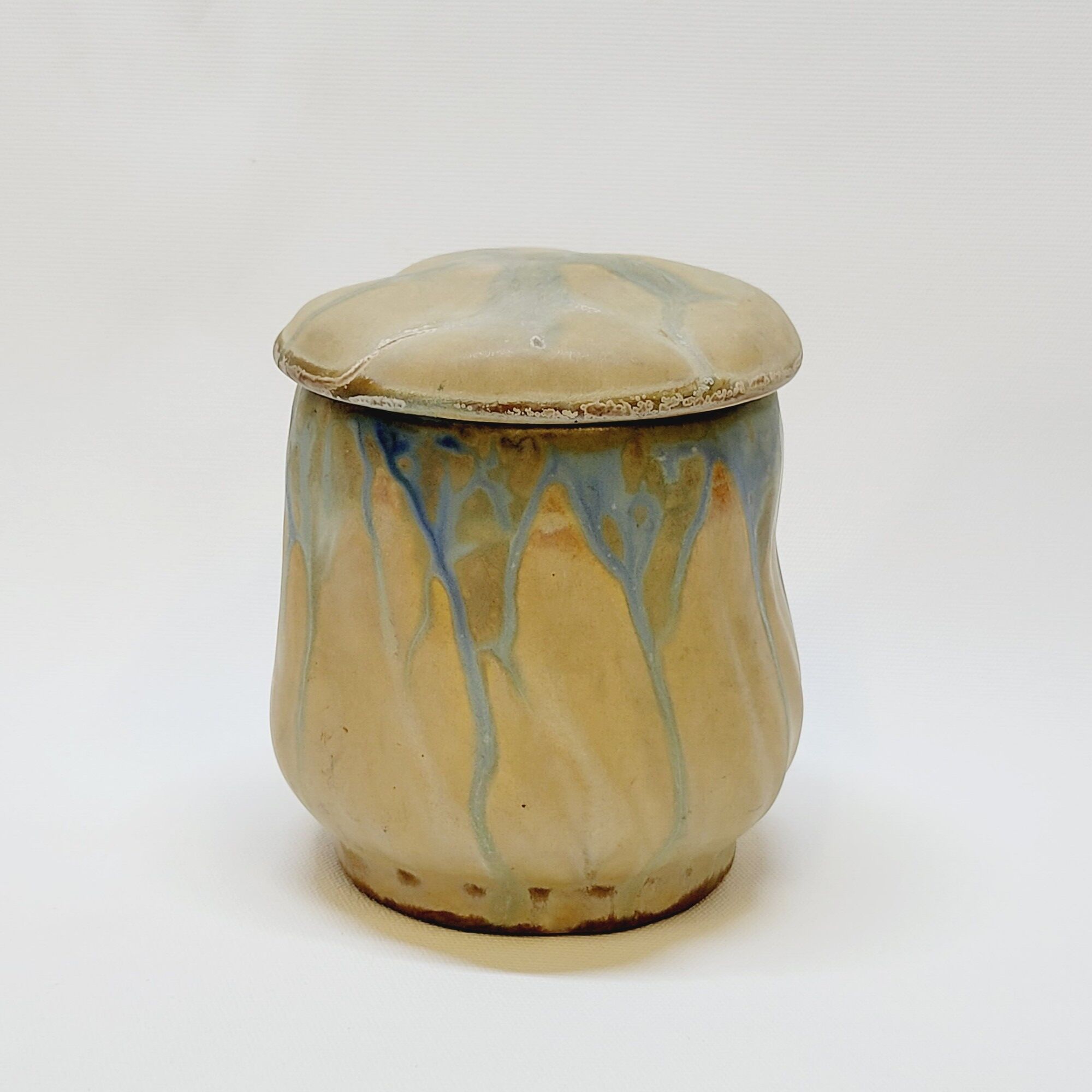 Gilbert Metenier Covered pot in beige and blue art nouveau flamed stoneware