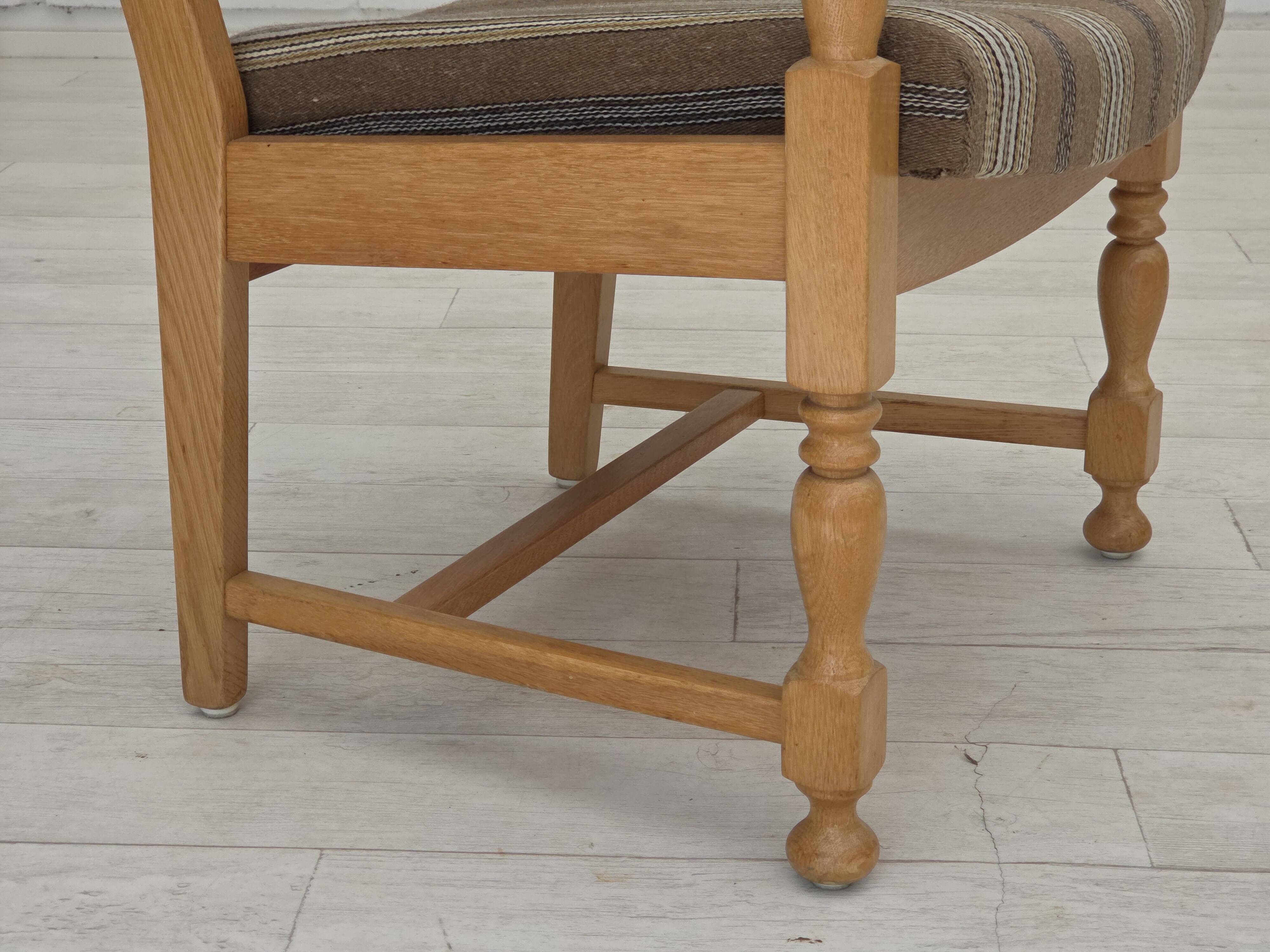 1970s, pair of Scandinavian armchairs, furniture wool, solid oak wood.