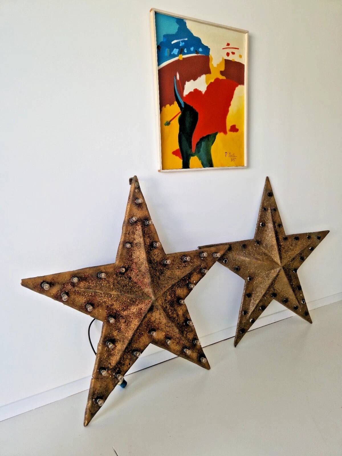 Pair of Vintage Industrial Marquee Star Wall Lights Distressed Gold Finish 1960s