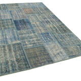 Hand-Knotted Anatolian Contemporary 176 cm x 243 cm Blue Patchwork Carpet