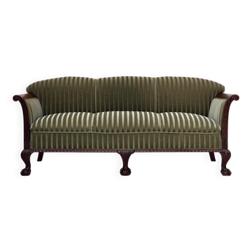 1950s, 3-seater Danish sofa, green furniture velour, teak wood.