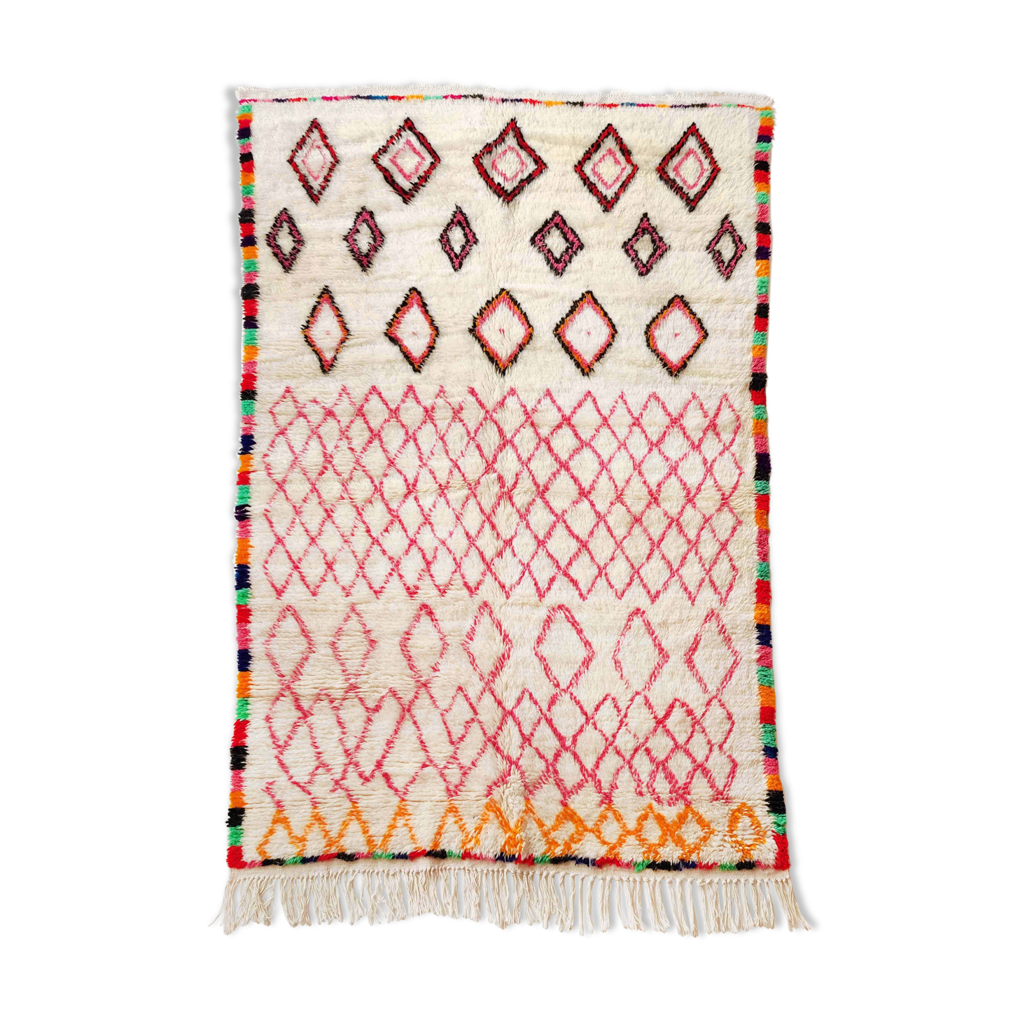 Moroccan Berber carpet azilal ecru with colorful patterns 238x140cm
