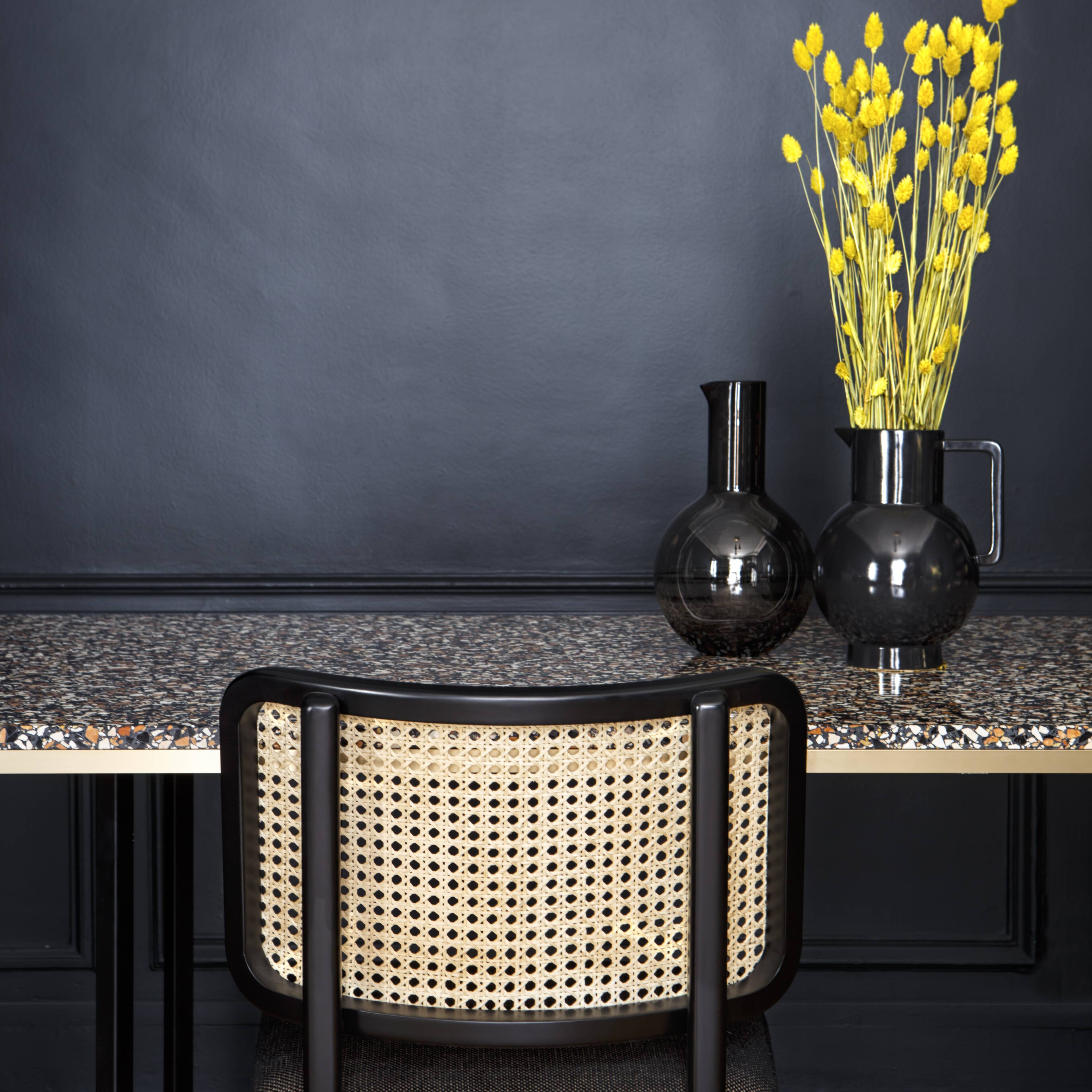 Black wood caning chair black leather fabric with armrests