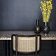 Black wood caning chair black leather fabric with armrests