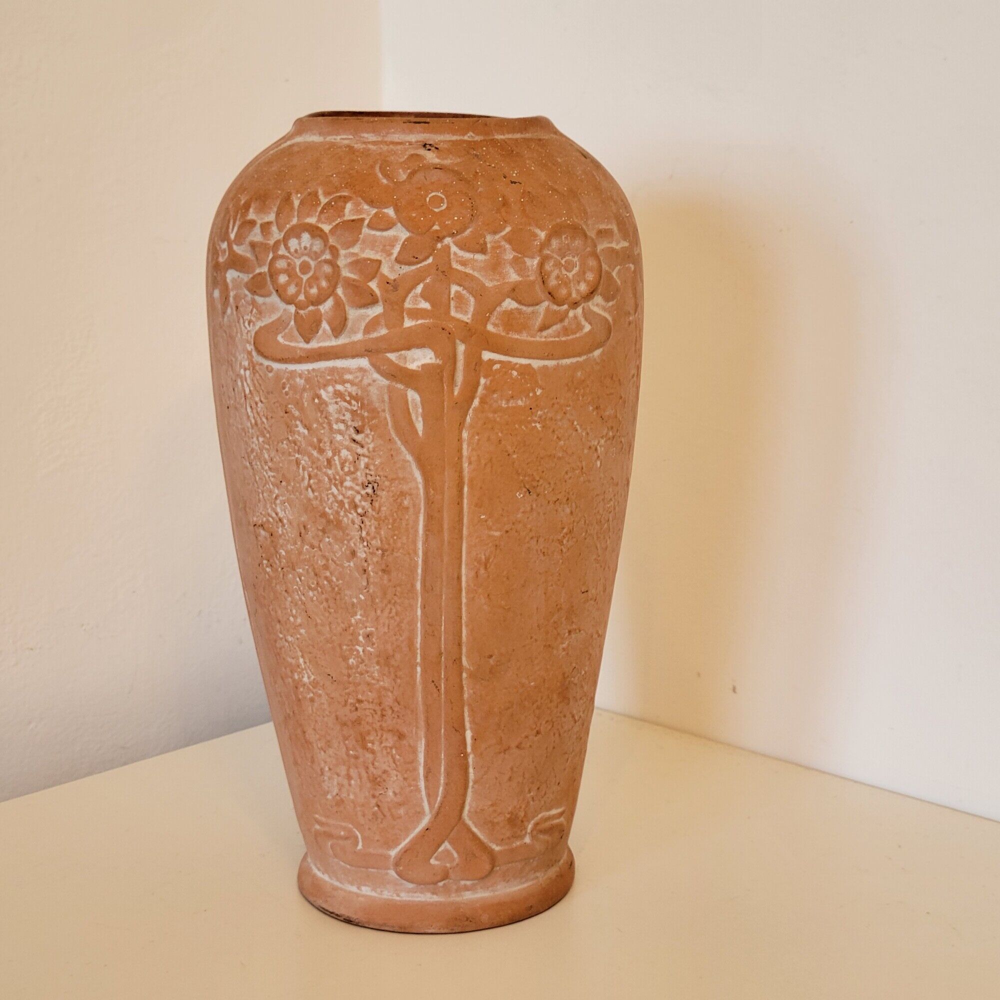 Terracotta vase sunflower decoration 1910, art nouveau