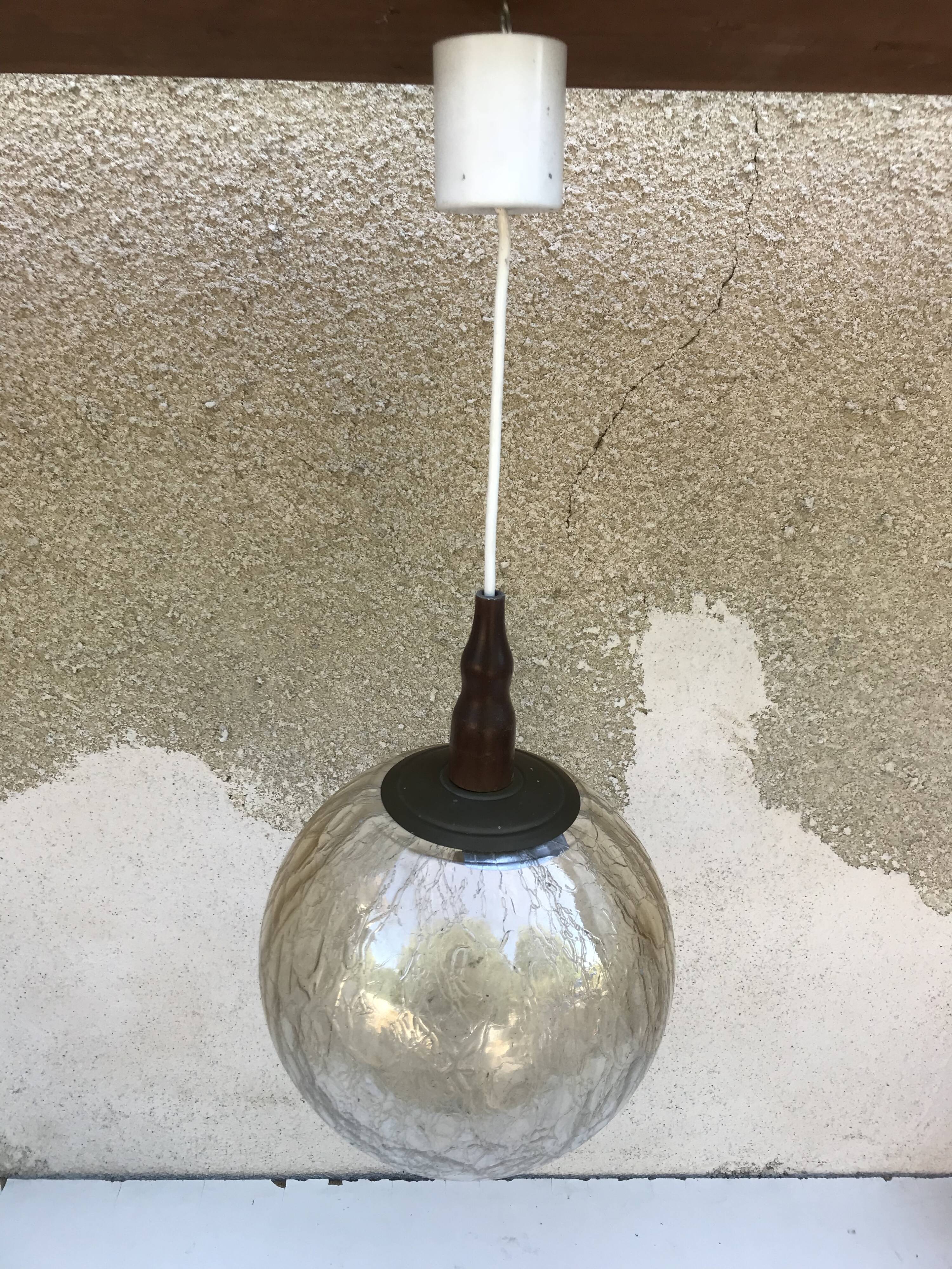 Suspension old crackled glass ball + Support brass wood Vintage