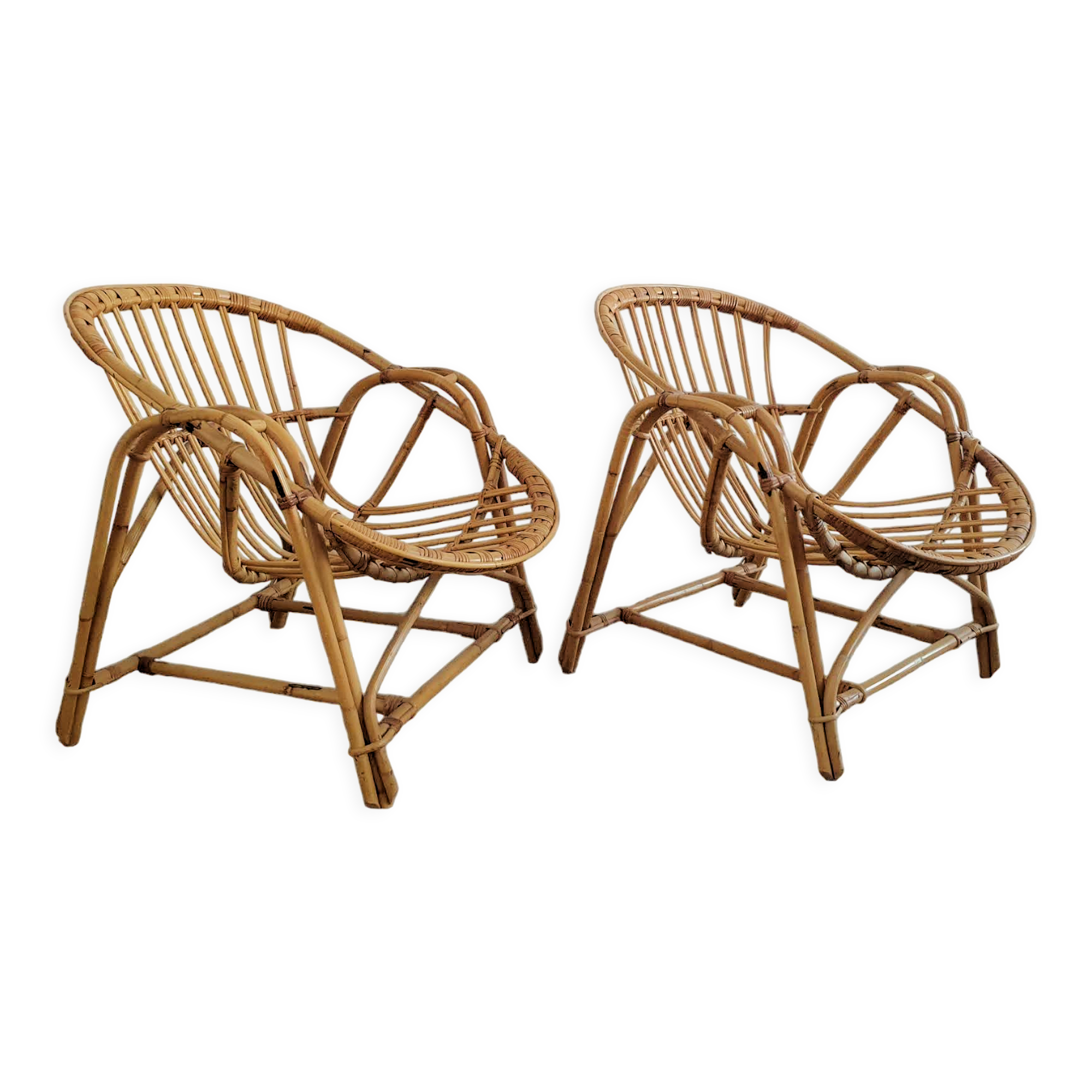 Duo of rattan shell armchairs 1970