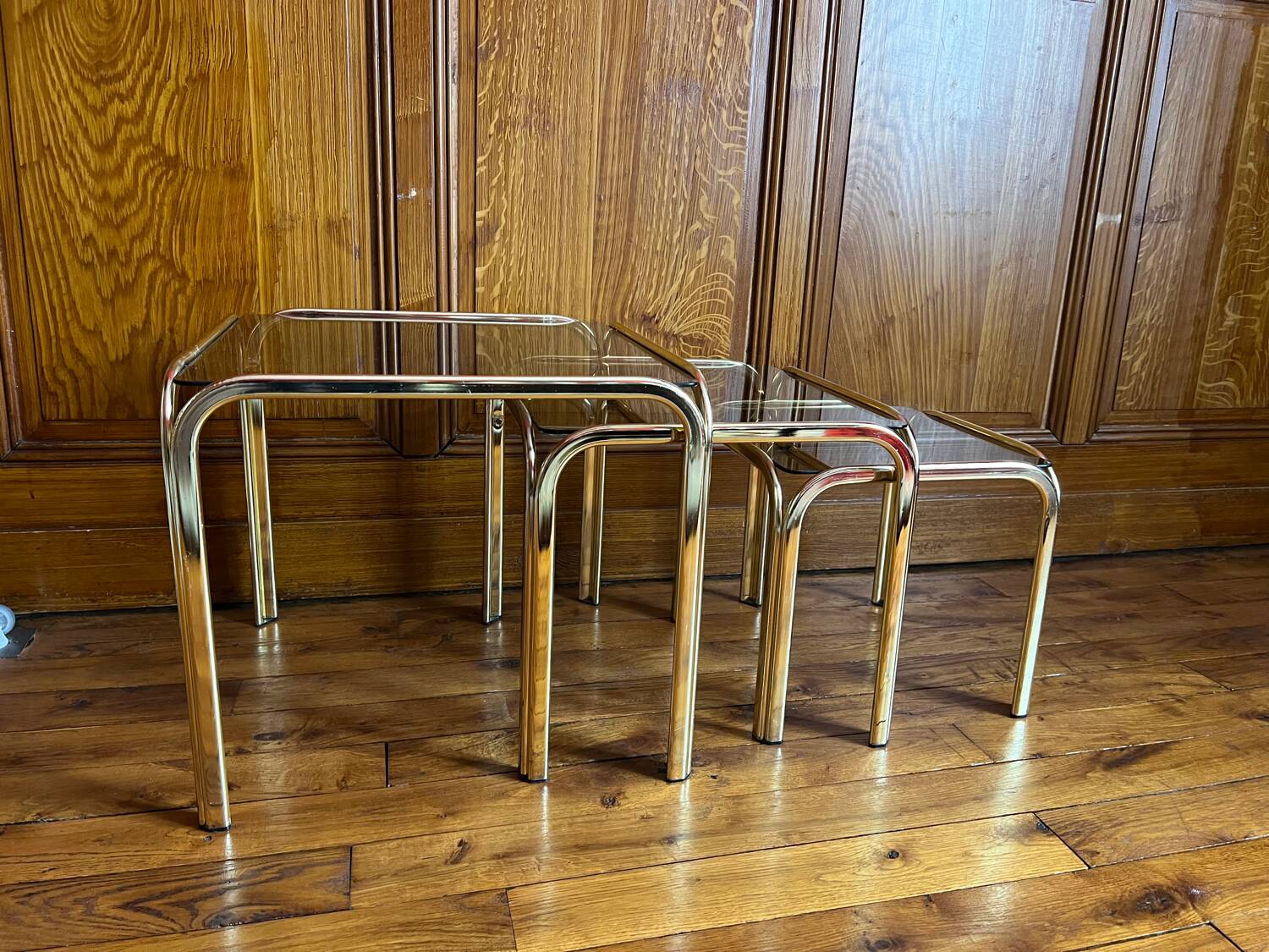 Set of 3 square nesting tables 1970 brown smoked glass