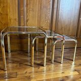 Set of 3 square nesting tables 1970 brown smoked glass