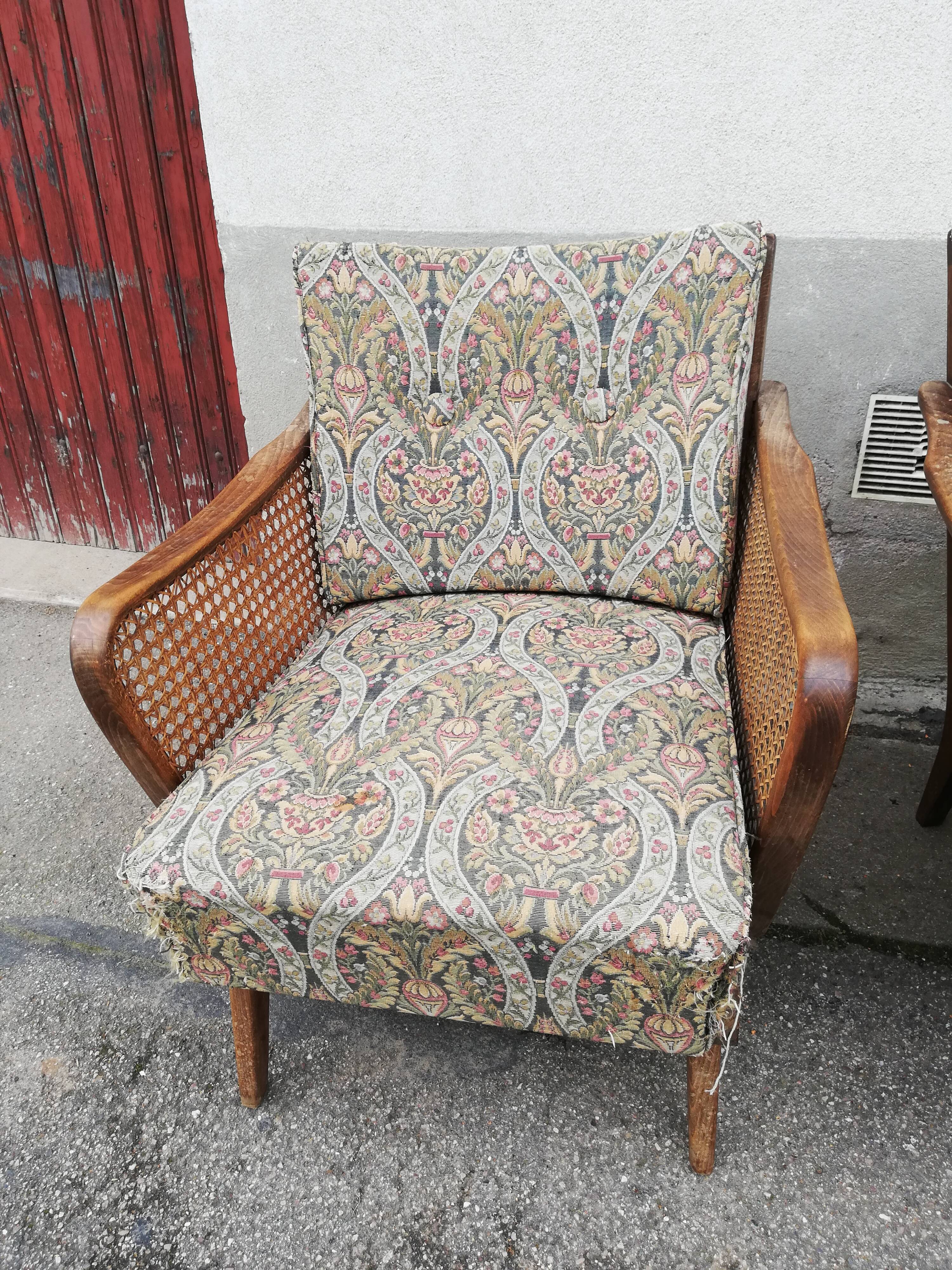 Paire de fauteuils vintage pieds compas et cannage