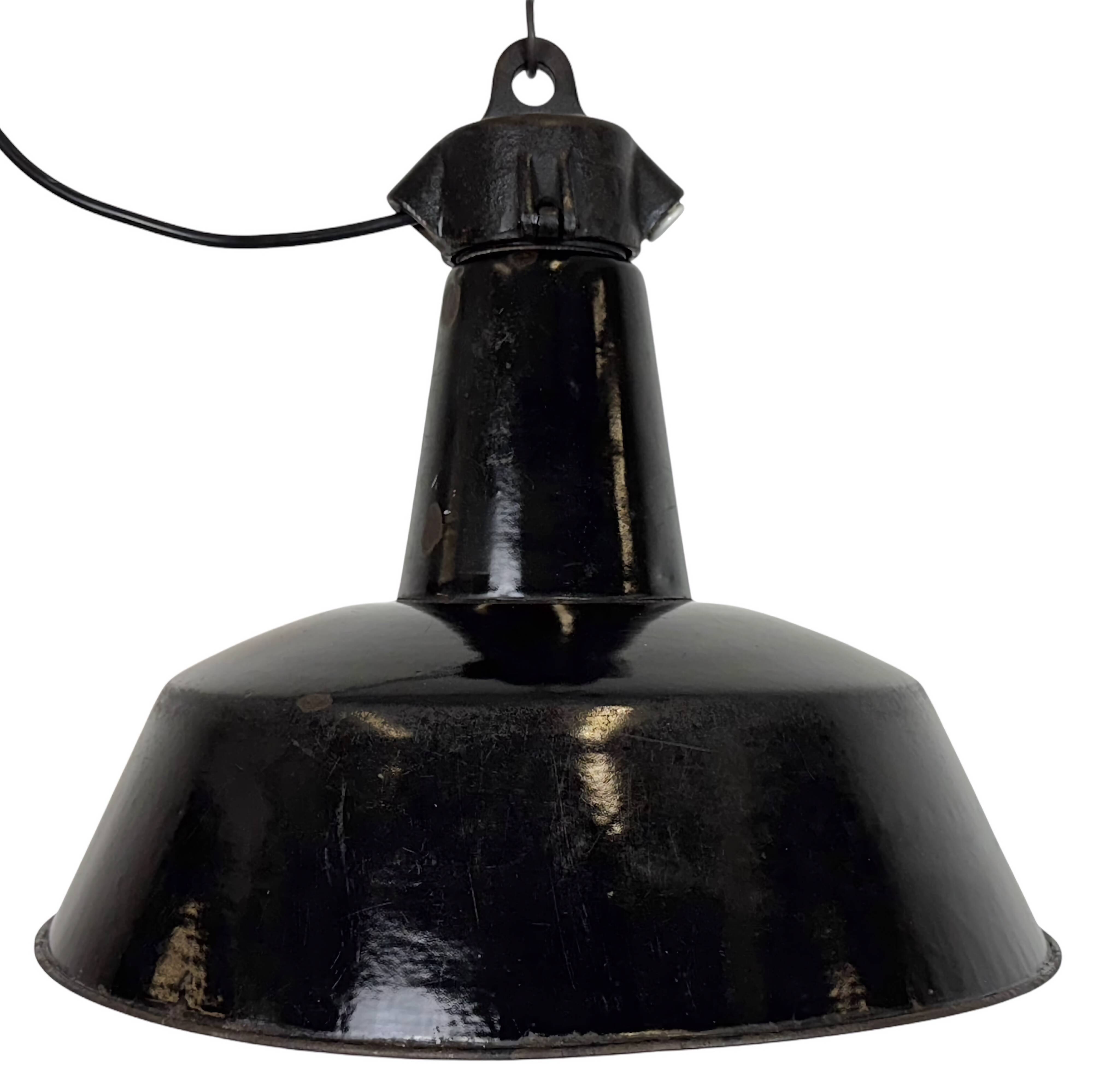 Industrial Black Enamel Factory Lamp with Cast Iron Top, 1950s