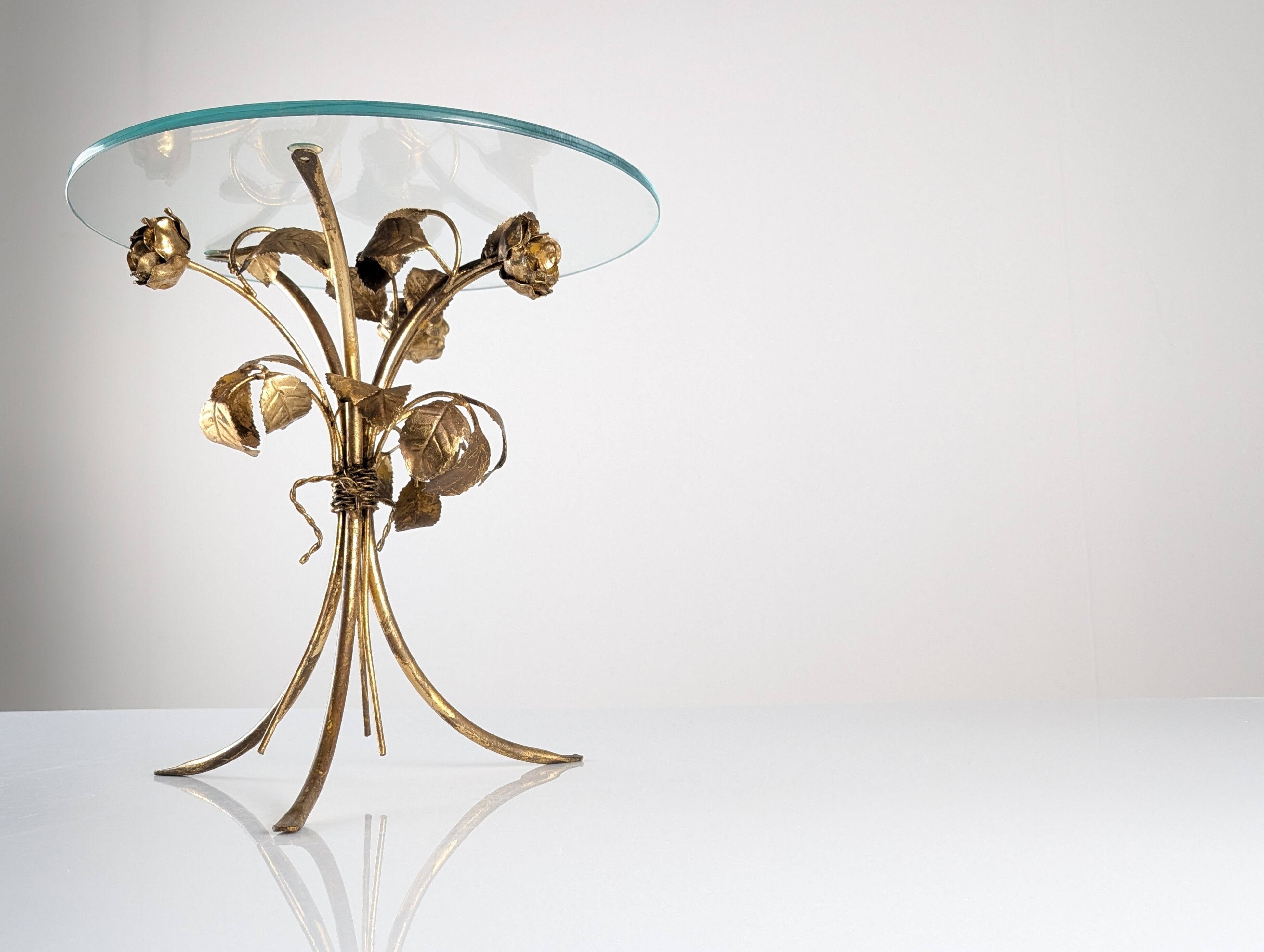 Mid-century side table in gilded metal with roses and glass top, 1970s