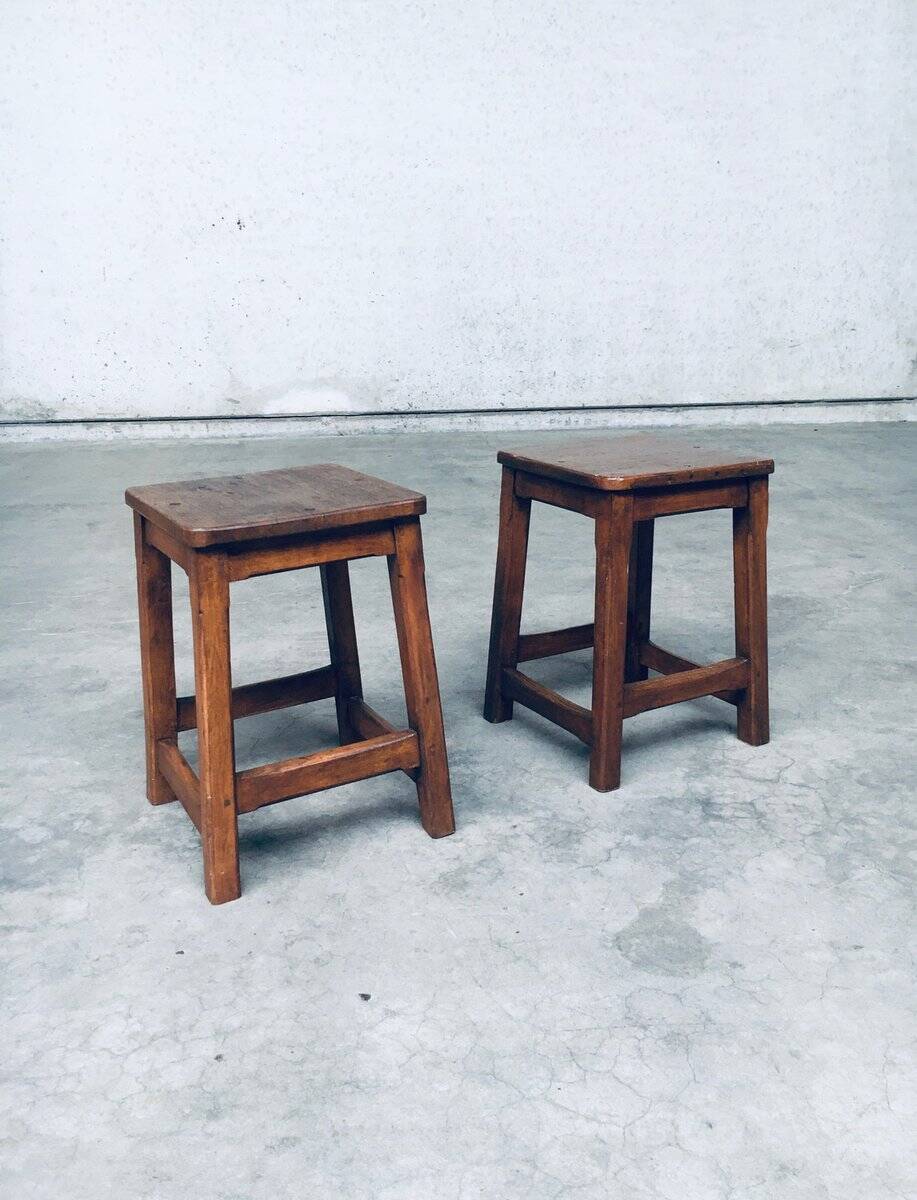 Set of Belgian Handcrafted Wooden Stools, 1940s