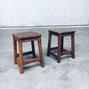 Set of Belgian Handcrafted Wooden Stools, 1940s