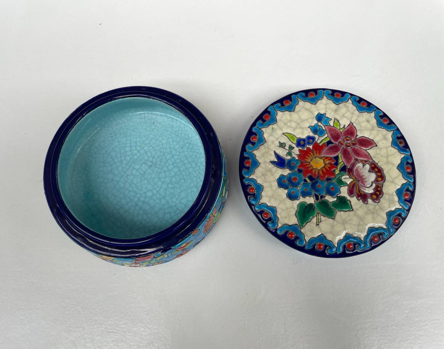 Enamelled faience jewellery box Longwy floral decoration