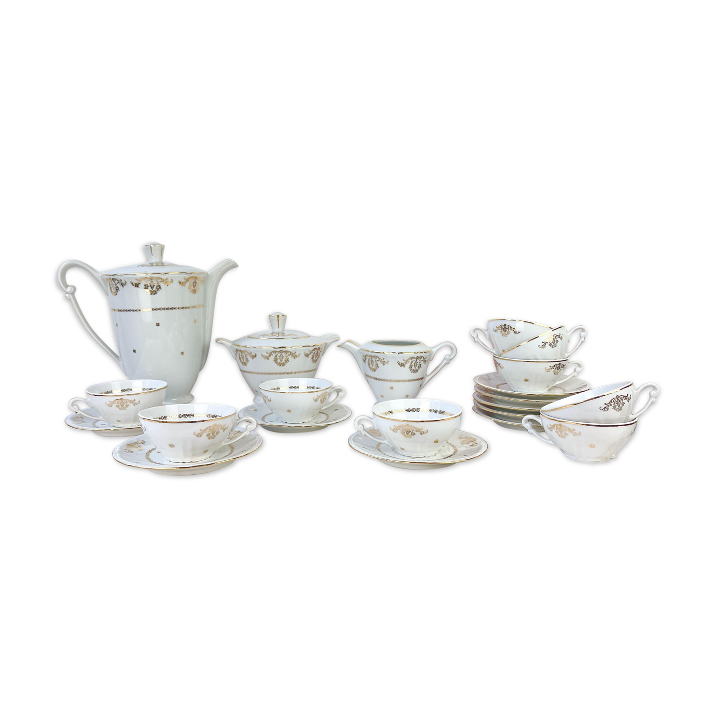 Vintage tea set in golden white porcelain CHAUVIGNY LIMOGES