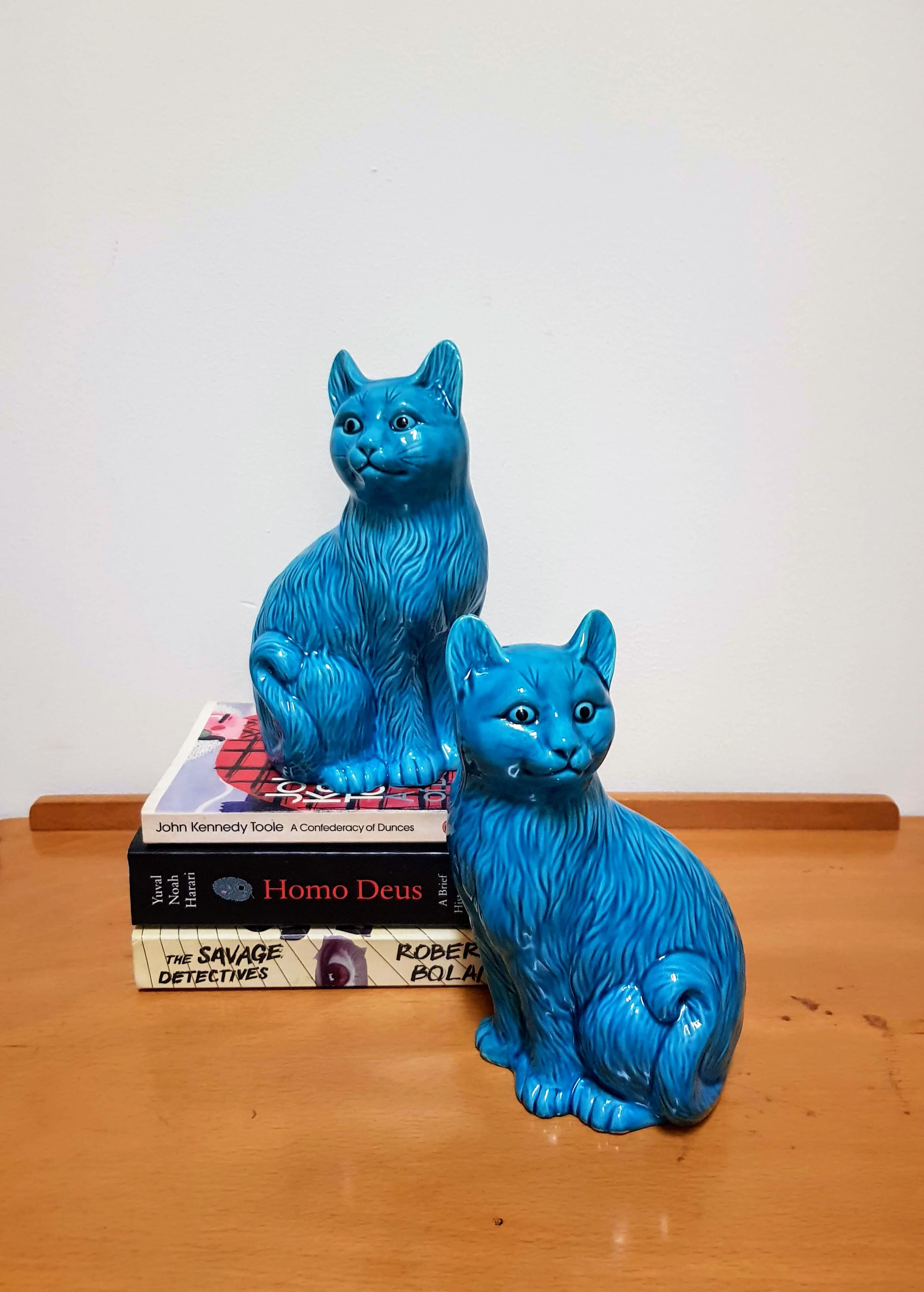 Vintage Pair of Ceramic Blue Cats Bookends