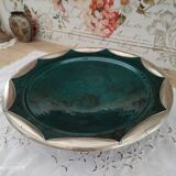 Round oriental hollow dish in deep green ceramic and silver colored metal