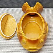 Old tureen yellow fish earthenware Sarreguemines France Slip