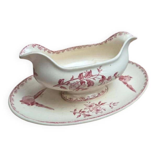 Saucière ancienne en terre de fer Sarreguemines & Digoin Favori rose oiseaux