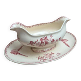 Antique sauce boat in ironstone Sarreguemines & Digoin Favory pink birds