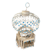 Ancienne Cage A Oiseaux Montgolfière Bois + Metal Blanc Bleu Deco Vintage