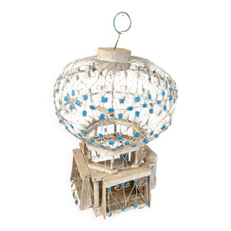 Ancienne Cage A Oiseaux Montgolfière Bois + Metal Blanc Bleu Deco Vintage