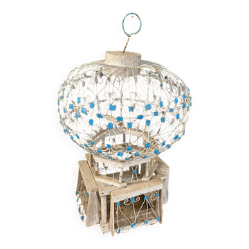 Old Bird Cage Hot Air Balloon Wood + Metal White Blue Vintage Deco