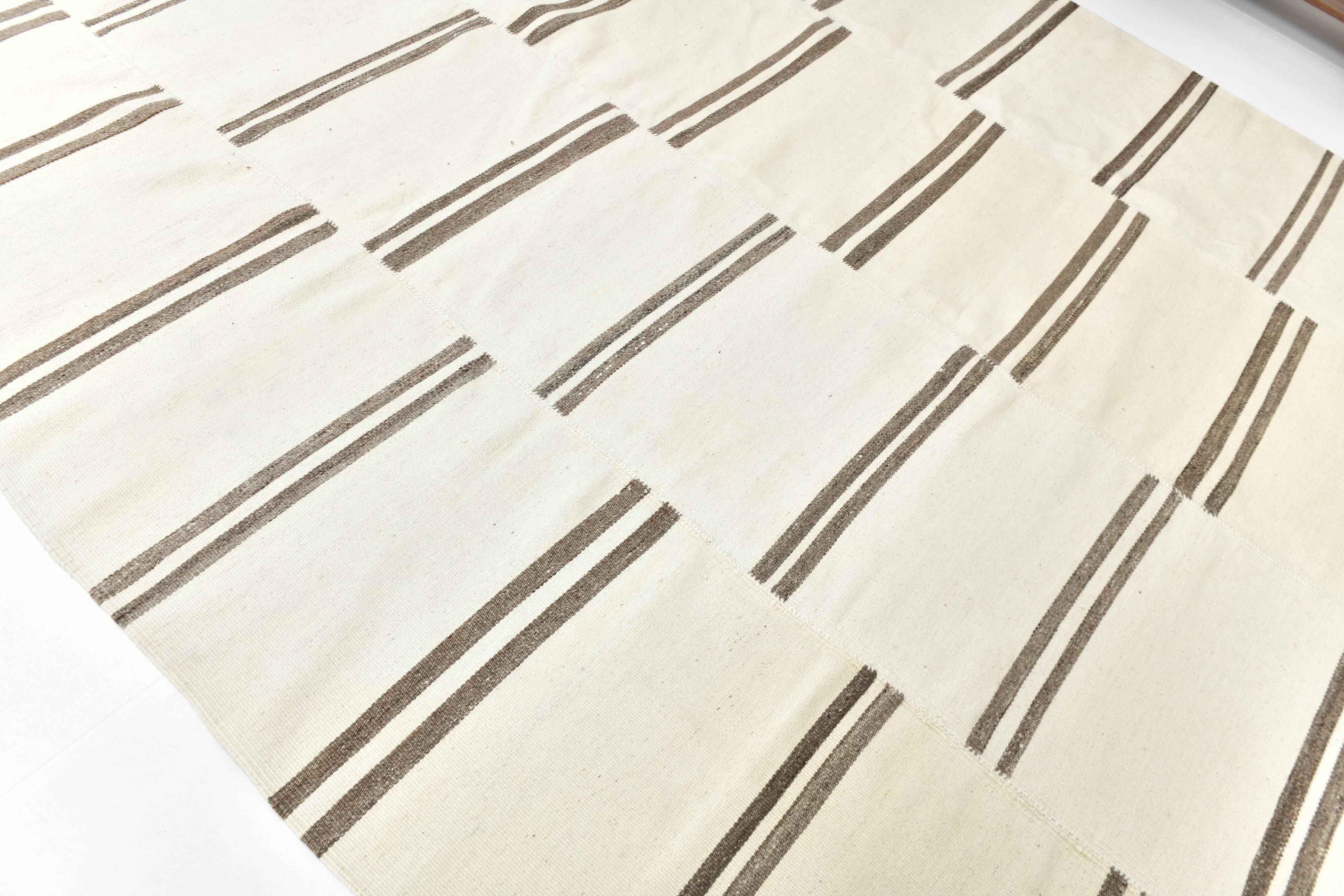 8x10 Large Beige & Brown Striped Pattern Handwoven Kilim Rug, 246x316 Cm