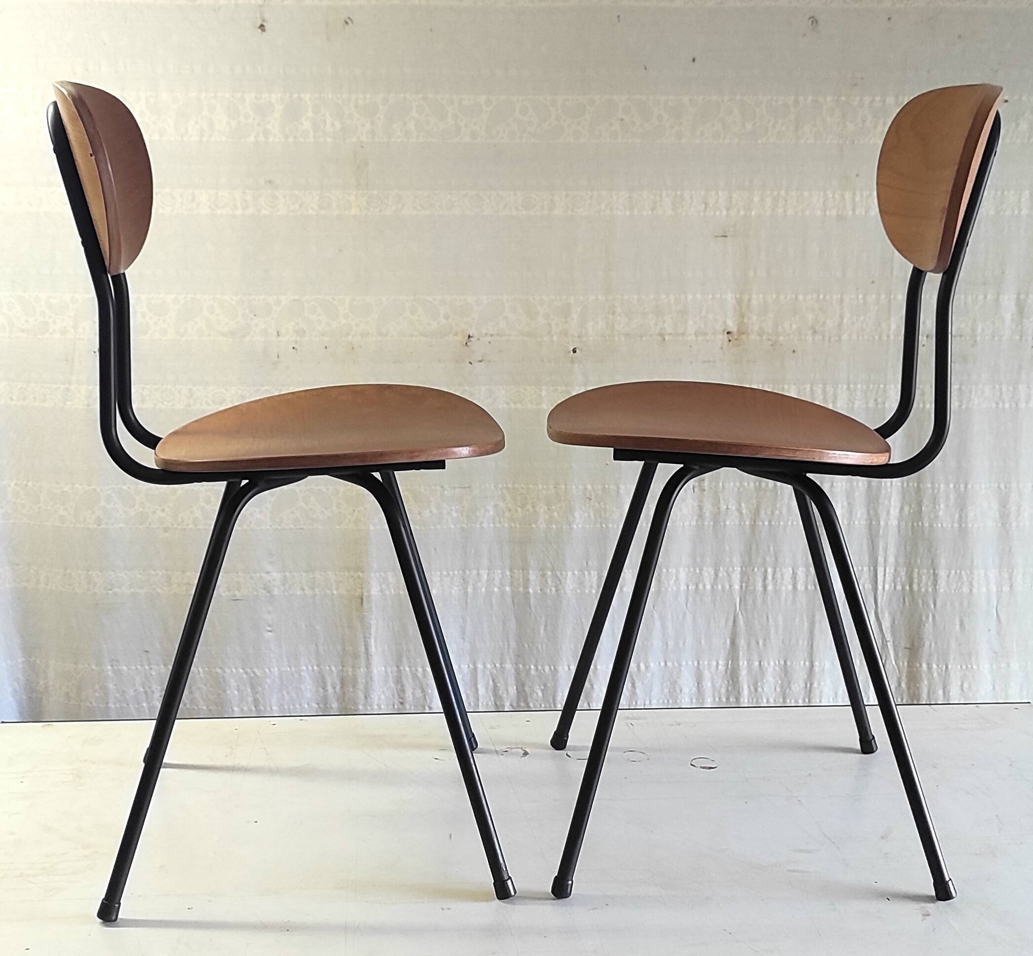 Pair of designer metal and wood chairs - 1950s