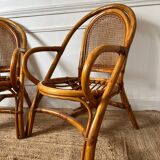 Paire de fauteuils en rotin et cannage vintage