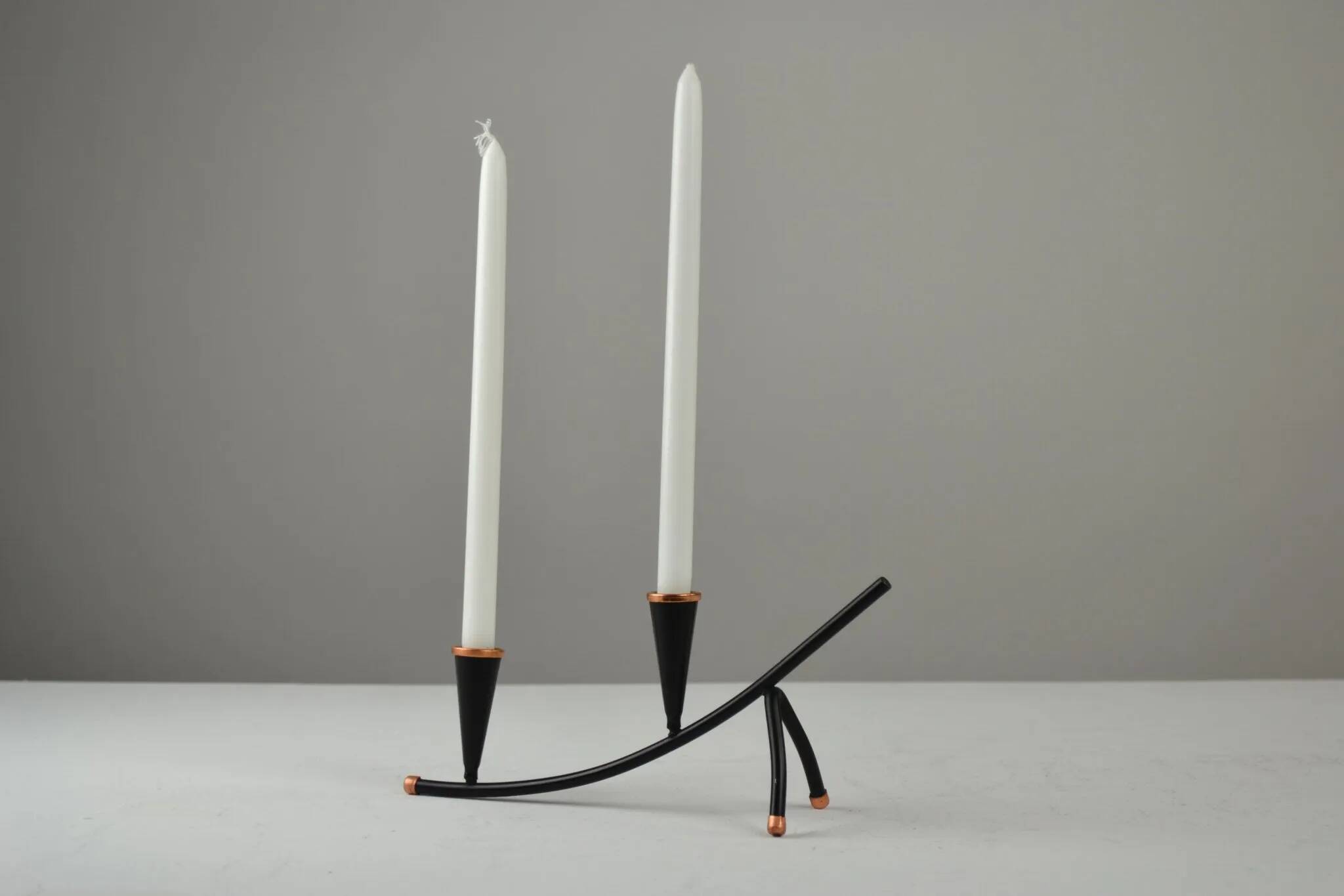 Black Painted Metal Candle Holder with Copper Detailing – Gunnar Ander for Ystad-Metall, Sweden, 1950s