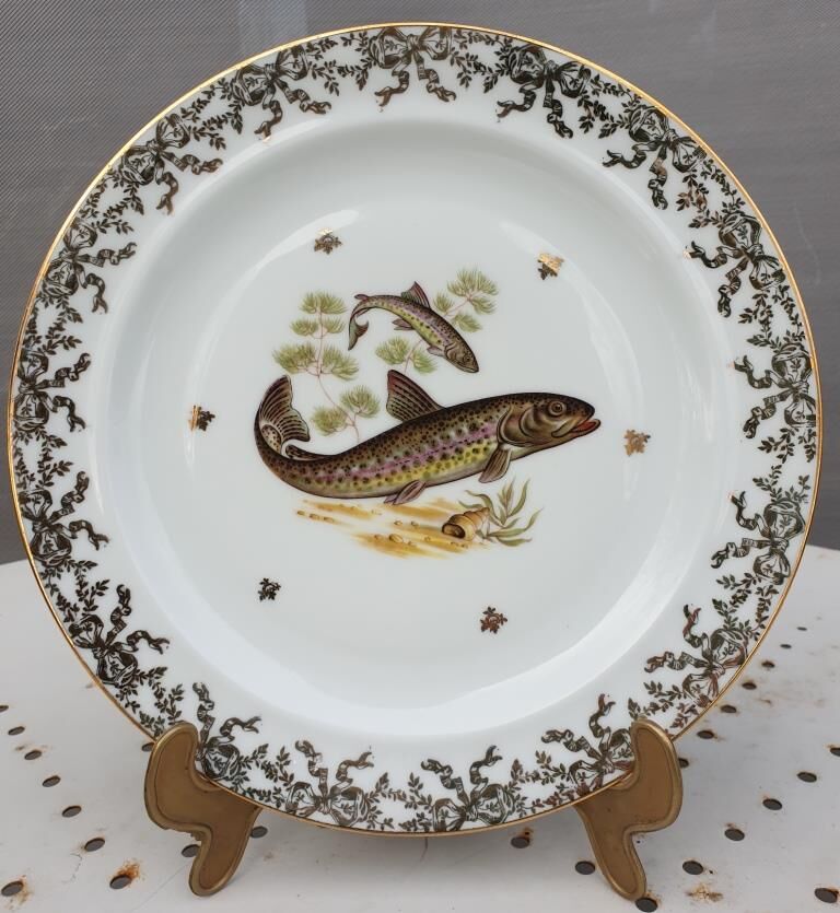 Set 12 plates porcelain gold fine fish fern limousine de Chastagner