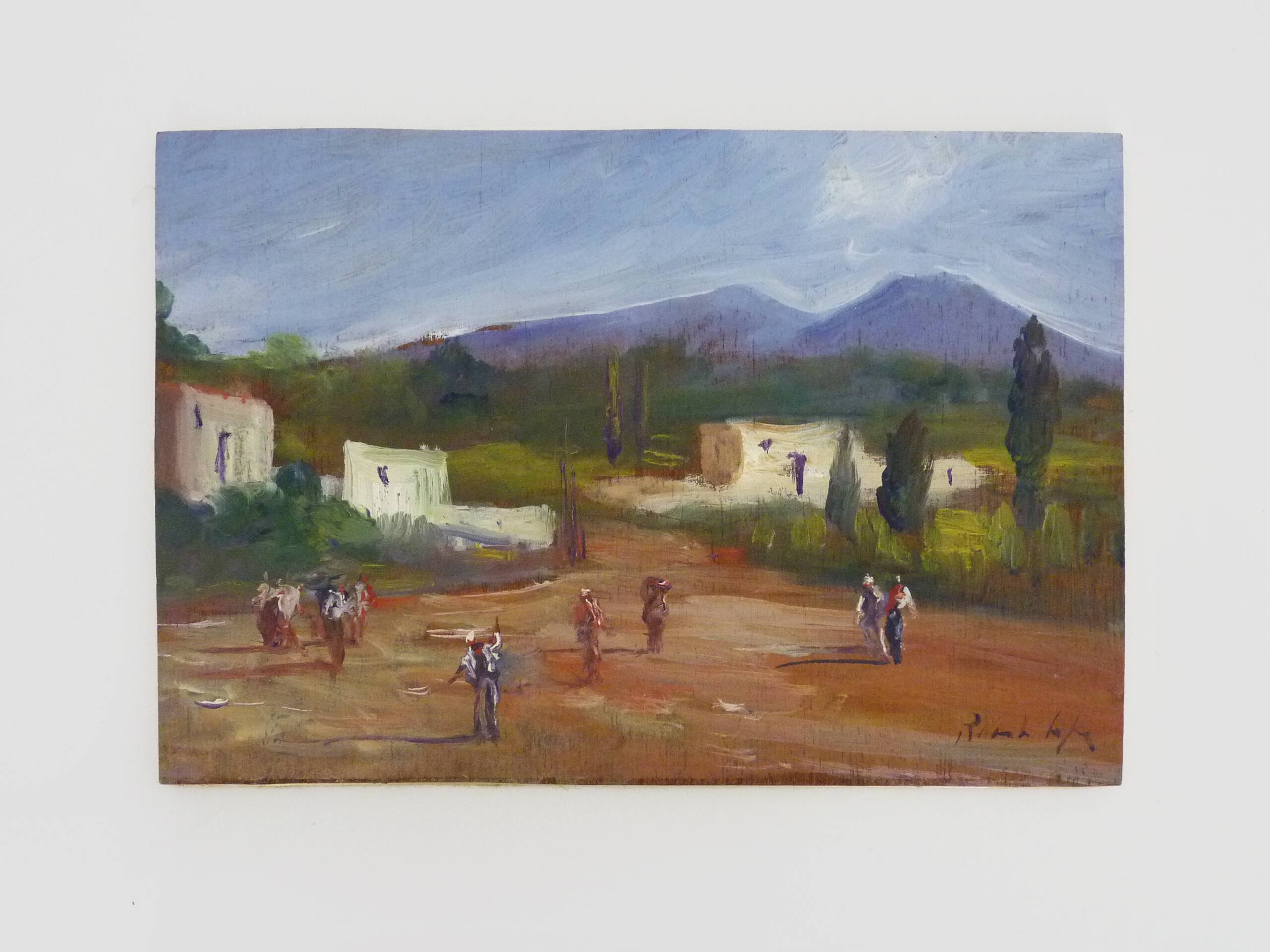 Oil on wood by Riccardo Capone Village Italy 50s 60s