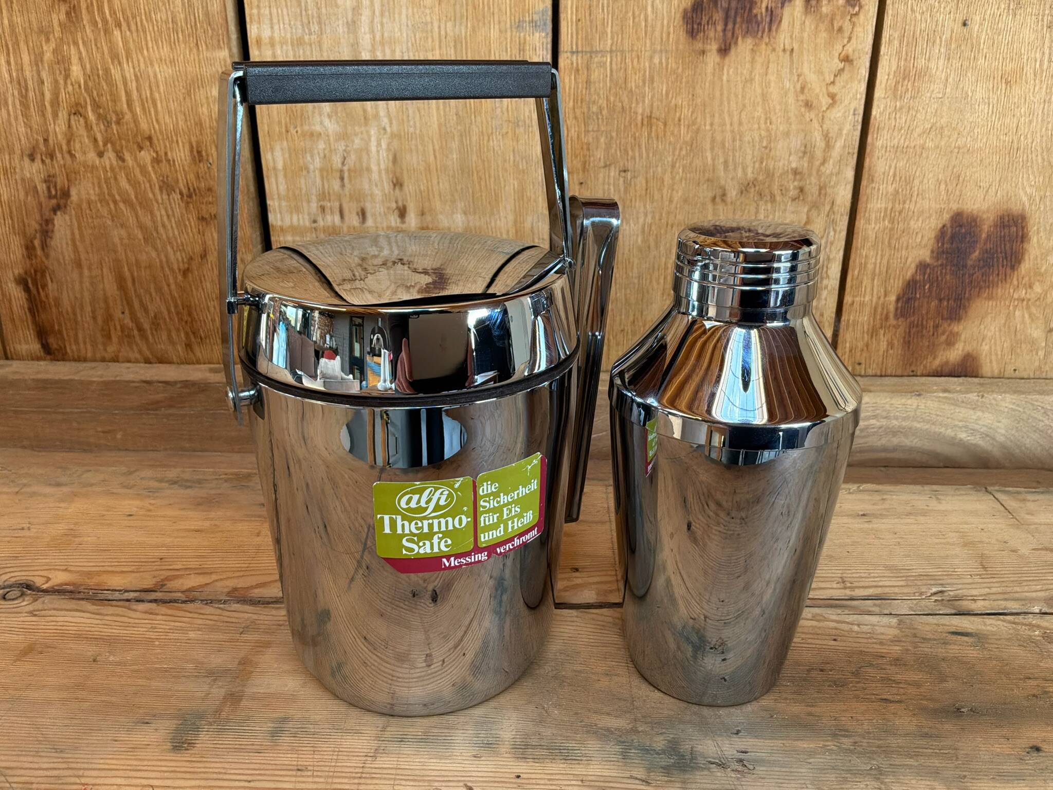Vintage Alfi shaker set and insulated chrome ice bucket.