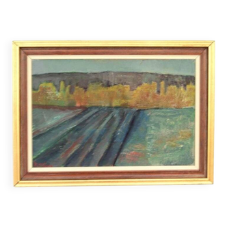 Original Swedish oil on canvas – “Field at Dusk” by Bruno Forssberg, Billingsfors Dalsland – vintage & framed – 49 × 36 cm