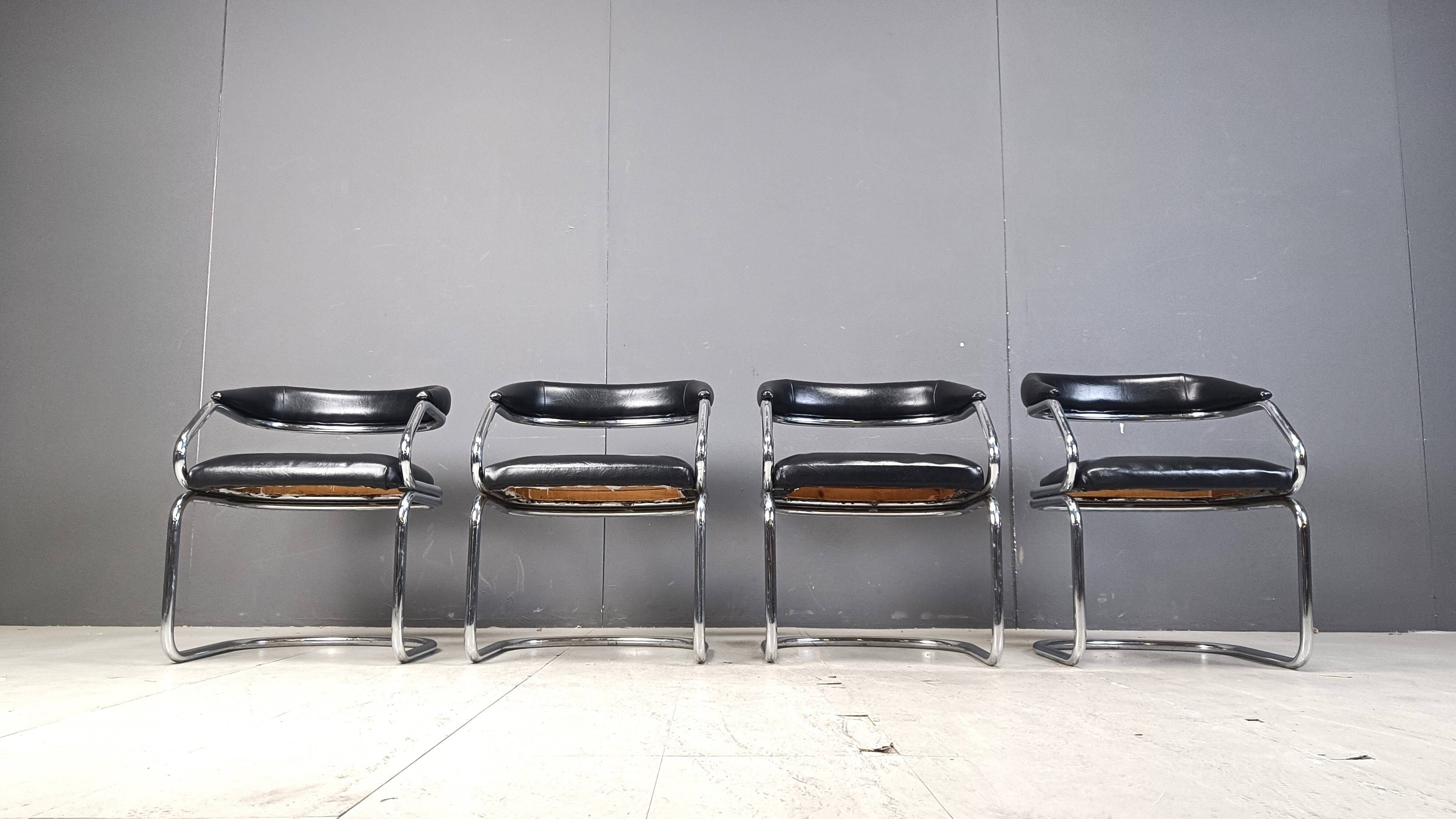 Vintage chrome and leatherette cantilever dining chairs by Giotto Stoppino,