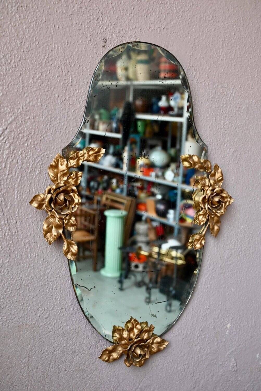 Louis XV Style Wall Mirror Golden Brass Vintage Flowers 1950s