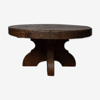 Brutalist French Mid Century Oak Round Coffee Table