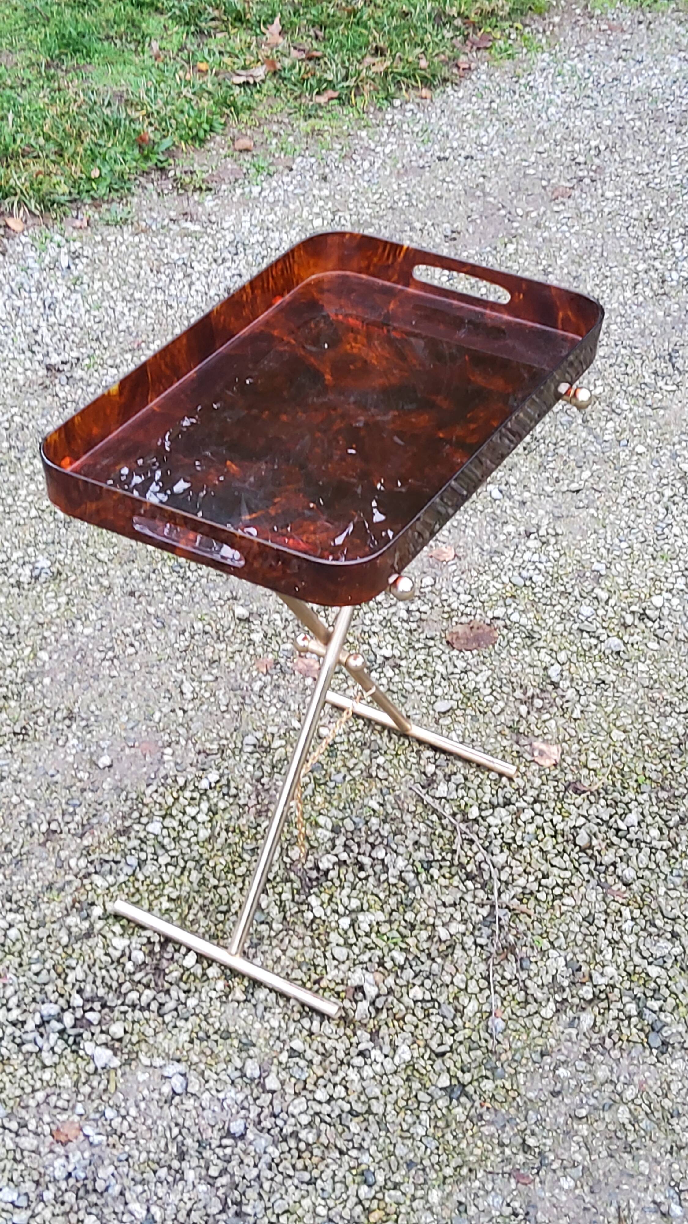 Gold metal side table with tortoiseshell lucite top from the 70s