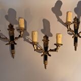 Set of 3 Empire style wall lights in bronze and gilded and green lacquered brass, Circa 1950.