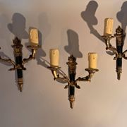 Set of 3 Empire style wall lights in bronze and gilded and green lacquered brass, Circa 1950.