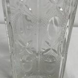 Molded glass carafe, 1960s-1970s, stylized flower decoration, oval, square base, stopper, rosette