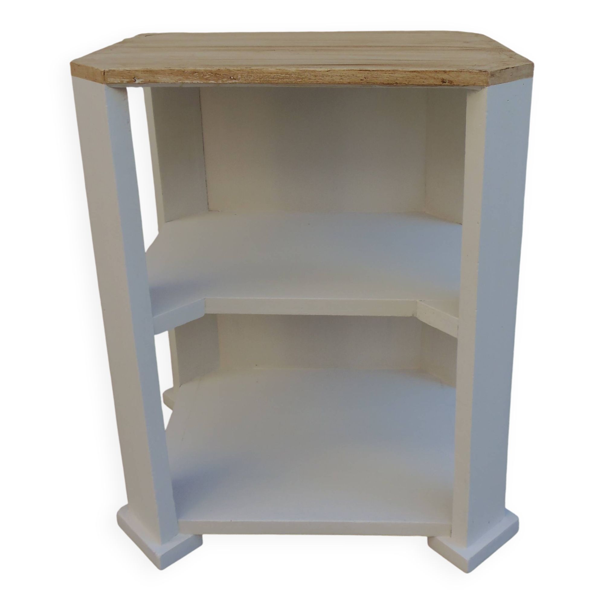Vintage side table reimagined in beige, wooden tops.