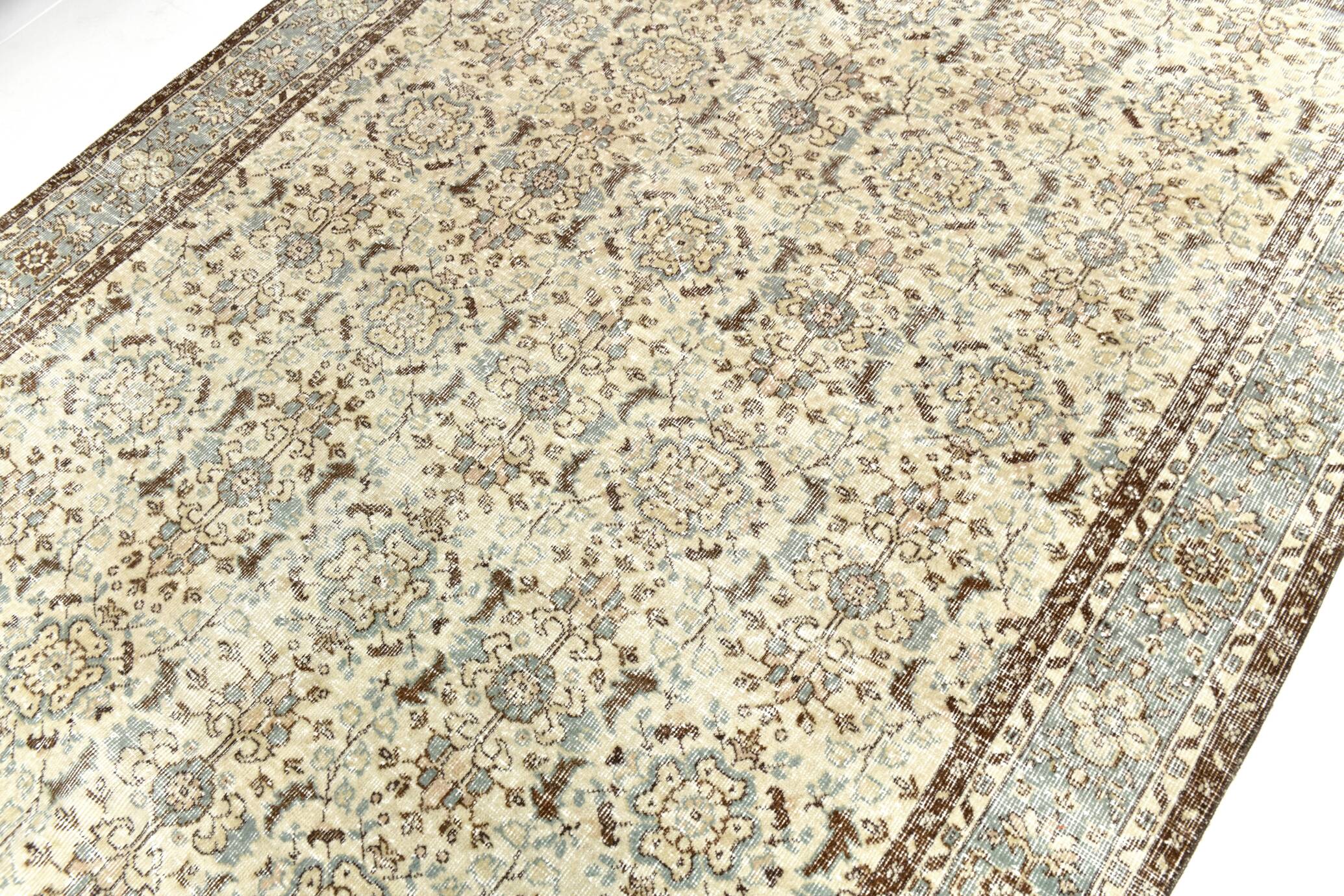 7x10 Turkish Cream Brown Bordered Vintage Rug, 207x316Cm